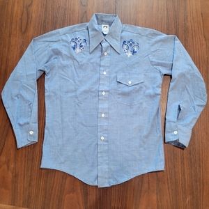 Vintage 70s Andy New York Chambray Large Long Sleeve Shirt Embroidered Yoke M